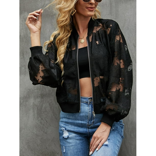Lace Mesh Classic Bomber Jacket Coat Zip Up Light Weighted Jacket for Women